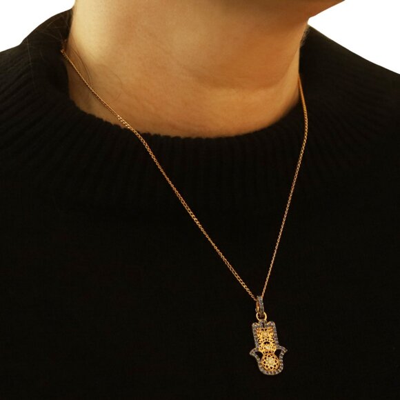 Buddha Mama Sapphire Diamond Hamsa Hand Necklace 17 3/4"-Yellow Gold 20k 1.80ctw - Picture 4 of 7
